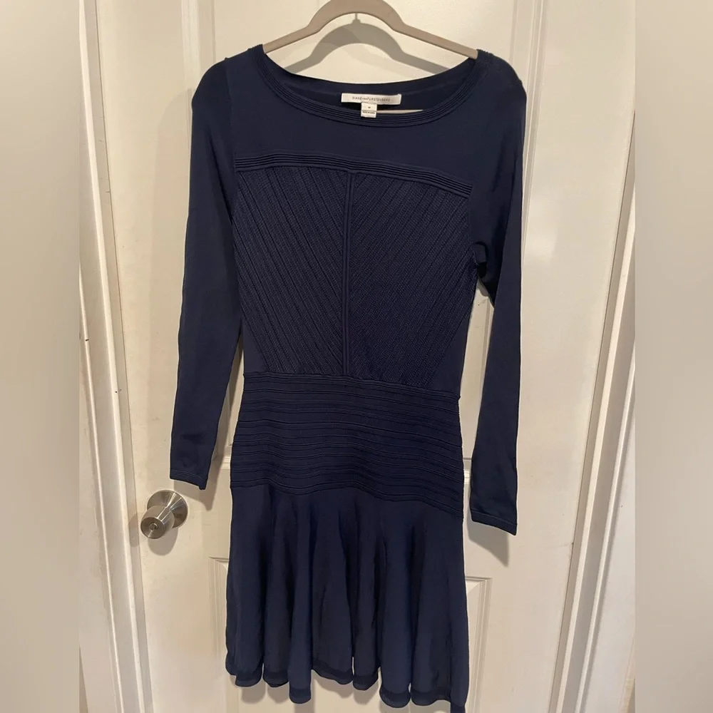 Diane Von Furstenberg‎ Dress Delta Blue Stretch Knit Long Sleeve Size Medium